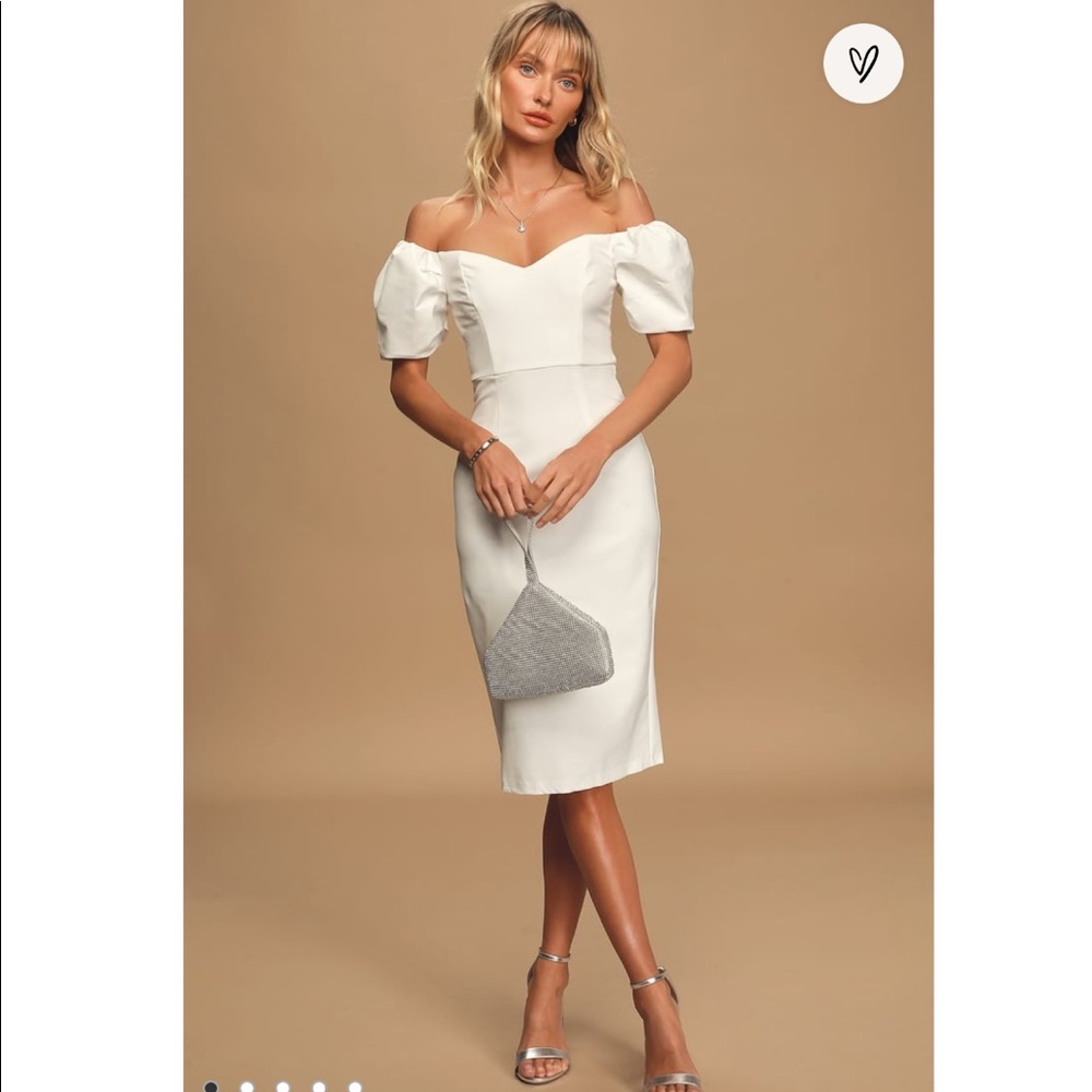 Lucky Number White Puff Sleeve Bodycon Midi Dress
